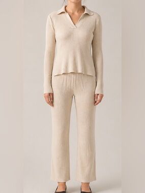 Zara Ribbed Knit Collar Two-Piece Set in Beige